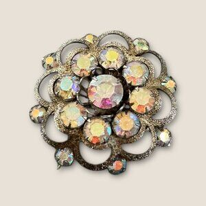 Vintage Aurora Borealis Rhinestone Brooch 1.5x1.5 Inches Round Floral Design